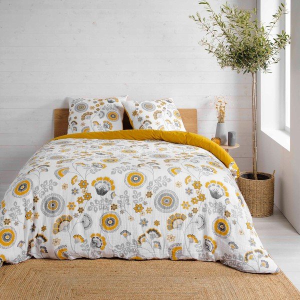 Kollane-valge pikendatud musliinist voodipesu kaheinimesevoodile 260x240 cm Garance - douceur d'intérieur