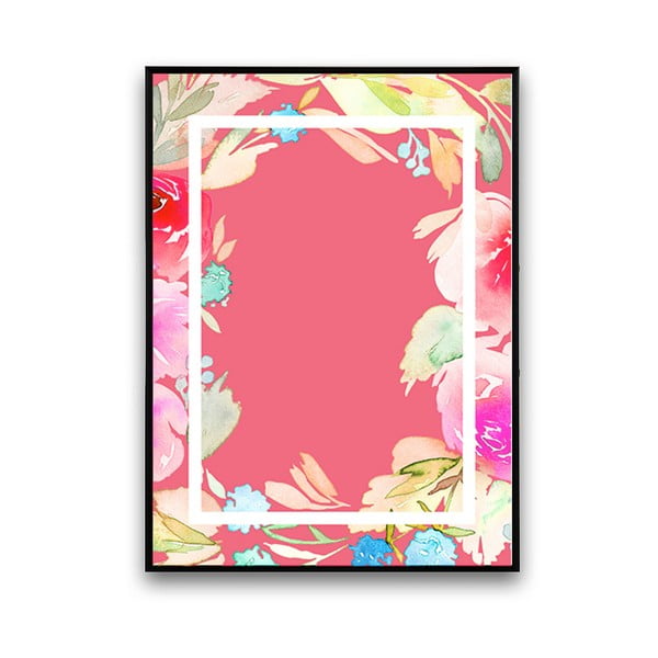 Plakát s květinami, růžové pozadí v rámečku, 30 x 40 cm