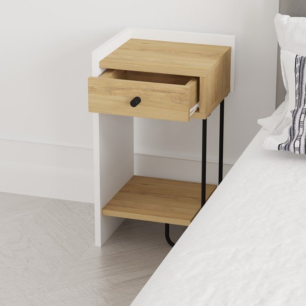 Valge-puiduvärvi tammedekooriga öökapp koos riiulitega Mercure - Marckeric-image-1