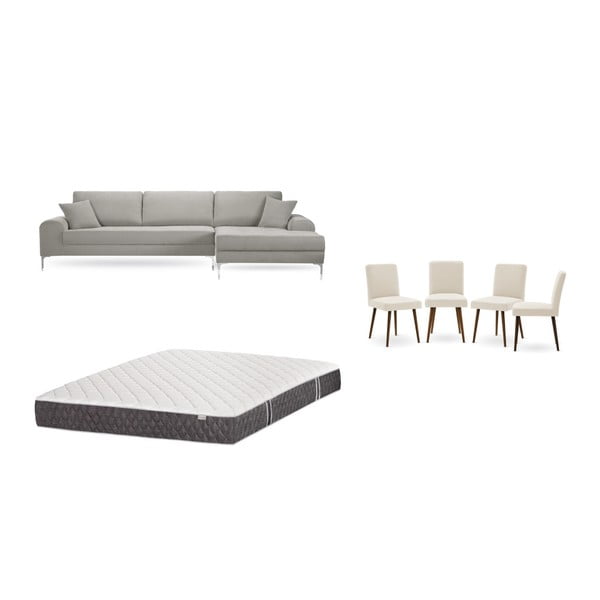 Set světle šedé pohovky s lenoškou vpravo, 4 krémových židlí a matrace 160 x 200 cm Home Essentials