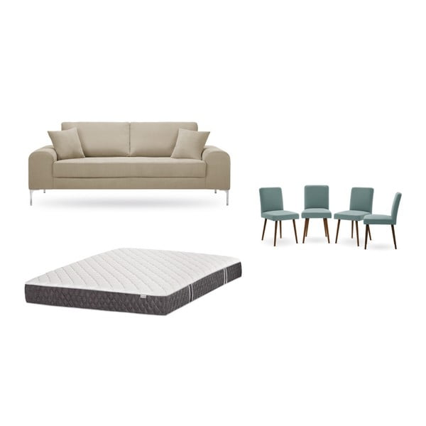 Set třímístné šedobéžové pohovky, 4 šedozelených židlí a matrace 160 x 200 cm Home Essentials