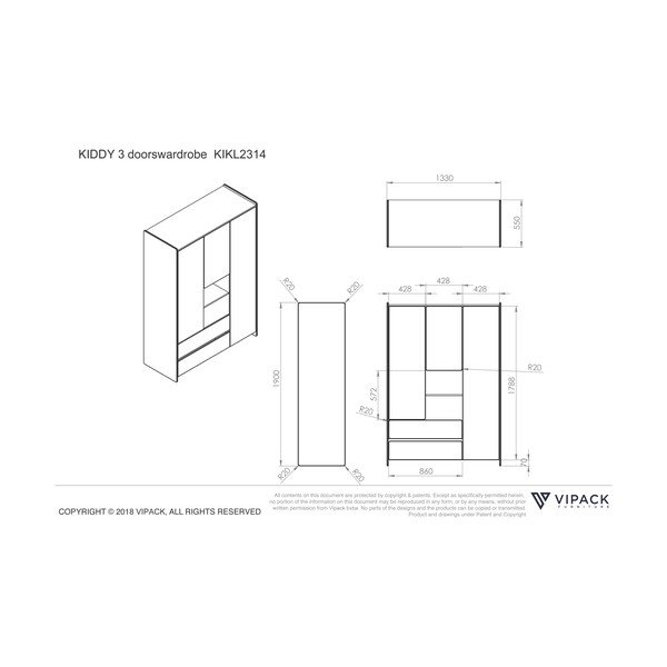 Valge laste riidekapp , 137,8 x 190 cm Kiddy - Vipack-image-4