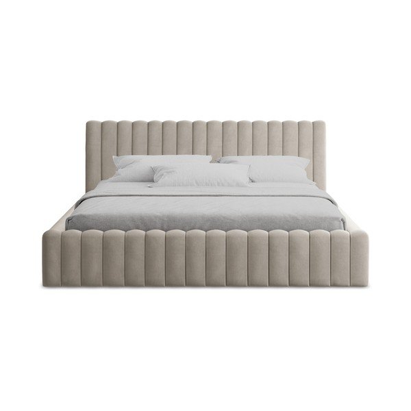 Taupe polsterdatud kaheinimesevoodi panipaigaga ja liistudest raamiga 160x200 cm Lemi - Makamii-image-4