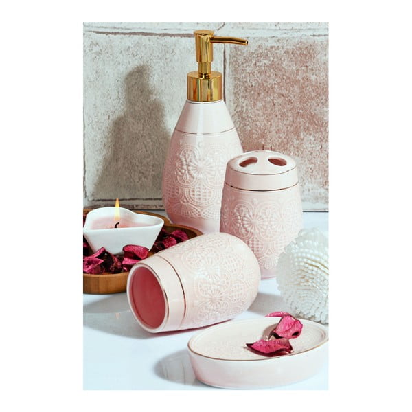 Růžový koupelnový set z keramiky Girly
