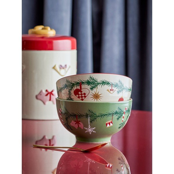 Valged-rohelised jõulumotiiviga kivikeraamikast kausid 2tk komplektis 500 ml Yule - Bloomingville-image-1
