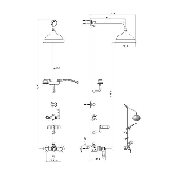 Pronksivärvi messingist dušikomplekt termostaatilise segistiga 129 cm Vienna - Sapho-image-1