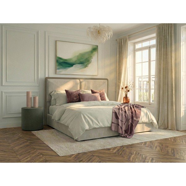 Beež/taupe polsterdatud kaheinimesevoodi panipaigaga ja liistudest raamiga 180x200 cm Mara - Bobochic Paris-image-1