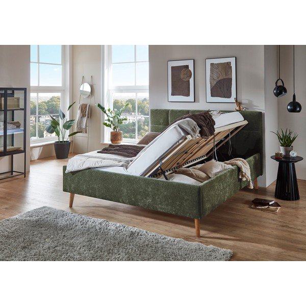 Khaki värvi polsterdatud kaheinimesevoodi panipaigaga ja liistudest raamiga 180x200 cm Nova - Meise Möbel-image-1