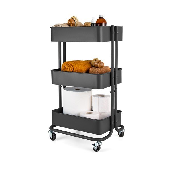 Černý kovový pojízdný koupelnový regál Compactor Grena-image-3