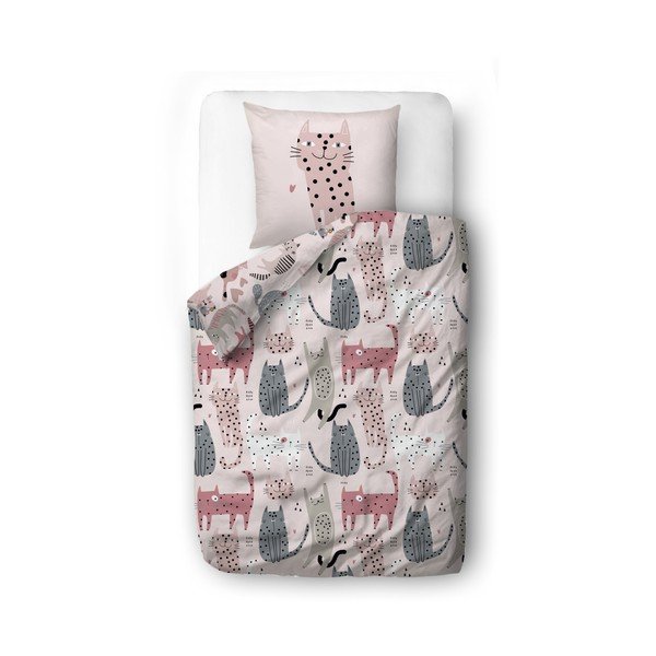 Roosa puuvillasatiinist laste voodipesu 140x200 cm Meow Meow - Butter Kings