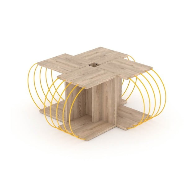4dílný variabilní konferenční stolek v dekoru dubového se žlutými detaily dřeva Marly