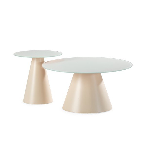 Kreem ümmargune kohvilaud klaasist pealispinnaga, 2 tk komplektis ø 80 cm, Vida - MOME