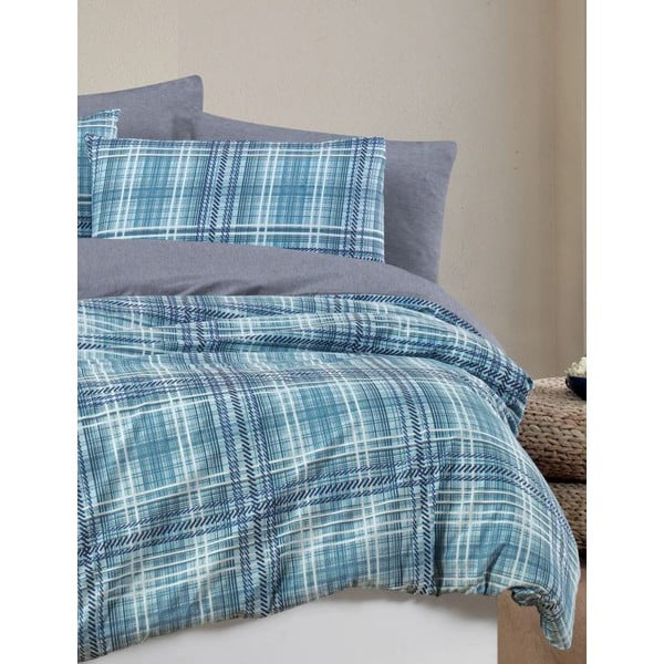 Sinine 4-osaline pikendatud voodipesu kaheinimesevoodile koos linaga 200x220 cm Ekose - Mila Home-image-3