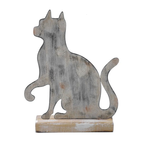 Velká šedá kovová Dekorace na dřevěném podstavci s motivem kočky Ego Dekor, 19,5 x 25 cm