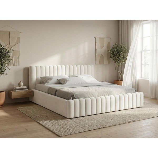 Kreemikas polsterdatud kaheinimesevoodi panipaiga ja liistudest raamiga 180x200 cm Lemi - Makamii-image-1