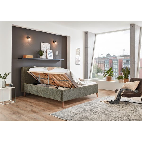 Tumeroheline polsterdatud kaheinimesevoodi koos voodipõhjaga 160x200 cm Riva – Meise Möbel-image-3