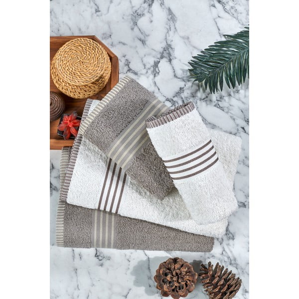 Kreemid/taupe puuvillased rätikud ja saunalinad 4tk komplektis - Mila Home-image-4