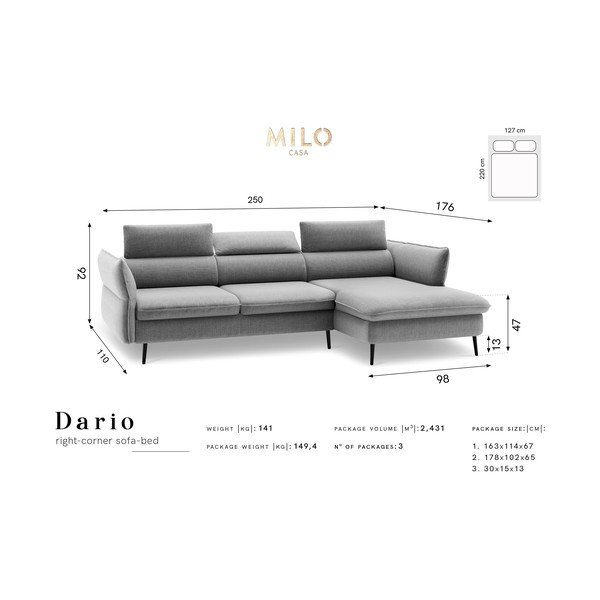Světle šedá rozkládací pohovka s úložným prostorem Milo Casa Dario, pravý roh-image-2
