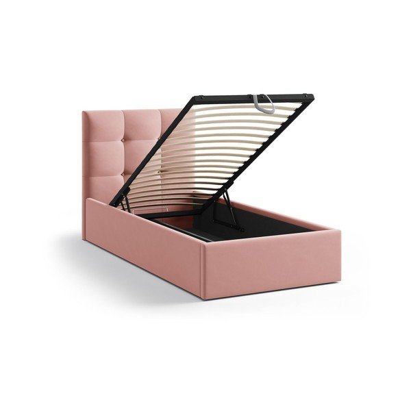 Roosa polsterdatud üheinimesevoodi koos panipaiga ja voodipõhjaga 90x200 cm Phaedra - Micadoni-image-1