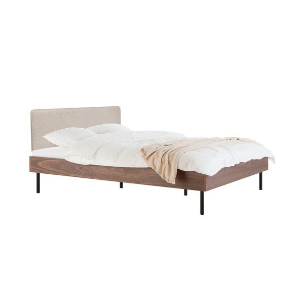 Polsterdatud/puitlaastplaadist kaheinimesevoodi pähklipuust dekooriga ja liistudest raamiga 200x200 cm tumedas naturaalses värvitoonis Streiko - noo.ma