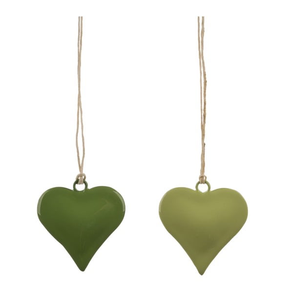 Sada 2 malých zelených závěsných dekorací z posmaltovaného kovu s motivem srdce Ego Dekor, ø 5 cm