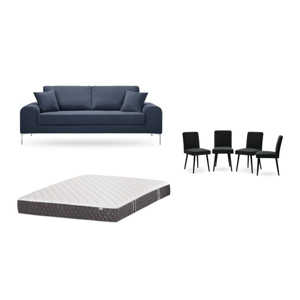 Set třímístné tmavě modré pohovky, 4 černých židlí a matrace 160 x 200 cm Home Essentials