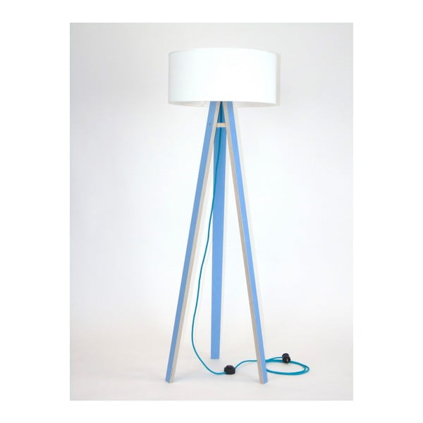 Modrá stojací lampa s bílým stínítkem a tyrkysovým kabelem Ragaba Wanda