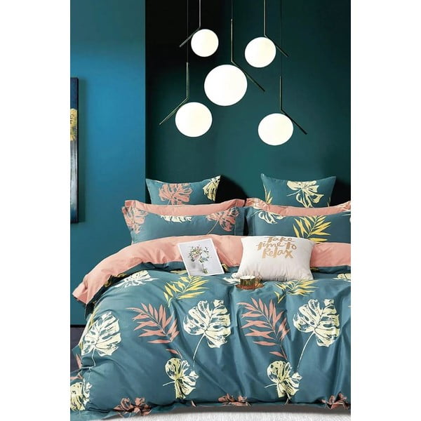 Petrooleumi värvi pikendatud voodipesu komplekt kaheinimesevoodile koos linaga 200x220 cm Leaf - Mila Home