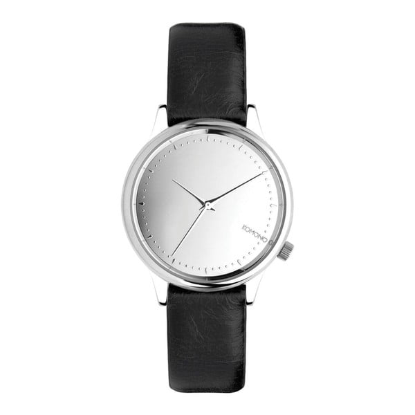 Dámské černé hodinky s koženým řemínkem a ciferníkem ve stříbrné barvě Komono Mirror