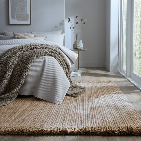 Beež käsitsi kootud villasegu vaip 120x170 cm Rene Fringed Ribbed - Flair Rugs-image-1