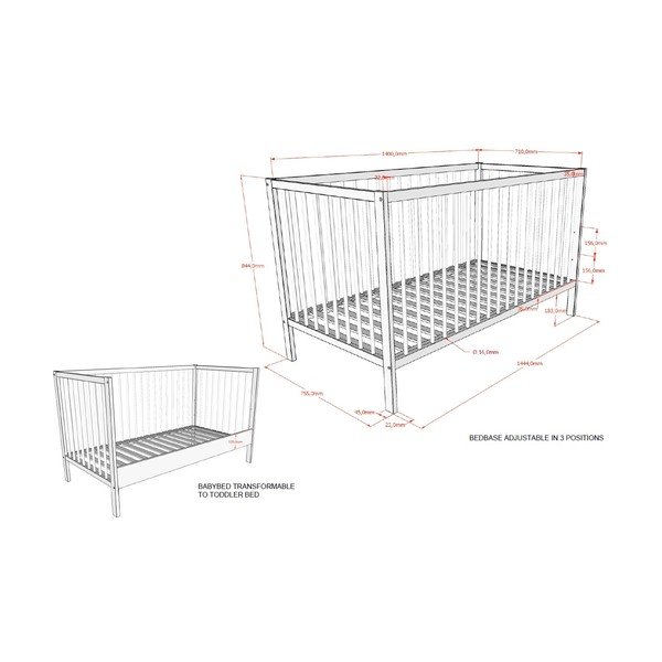 Pruun pöögipuidust eemaldatava külje/reguleeritava kõrgusega võrevoodi 70x140 cm Dino - Vipack-image-4