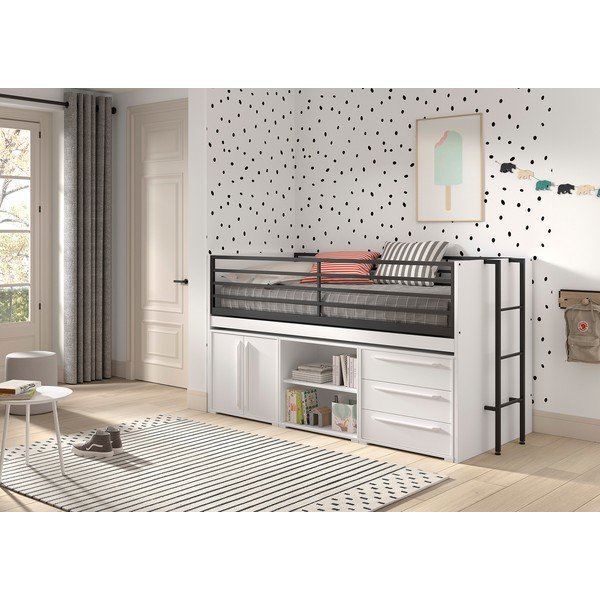 Valge kõrge lastevoodi koos voodipõhja ja hoiuruumiga 90x200 cm Sam – Vipack-image-1