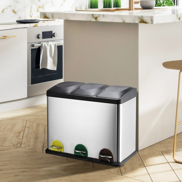 Matt hõbedane terasest prügikast 3x20 l sorteeritud jäätmete jaoks/pedaaliga Tri Selectif - MSV-image-1