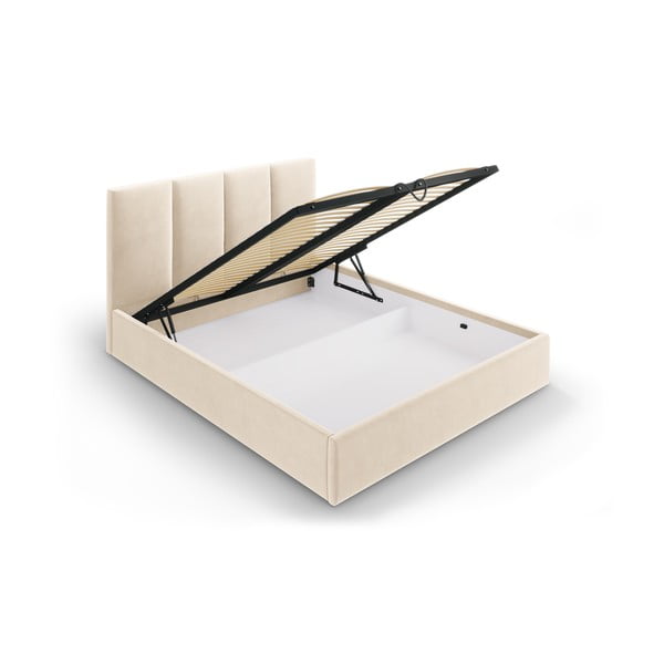Beeži värvi polsterdatud kaheinimese voodi, millel on riiulid 160x200 cm ja hoiuruumid Juniper - Mazzini Beds-image-3