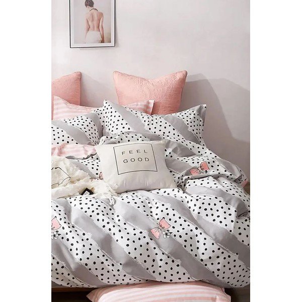 Valge-roosa pikendatud neljaosaline puuvillane voodipesu komplekt kaheinimesevoodile koos linaga 200x220 cm Bow and Polka-Dot - Mila Home-image-2