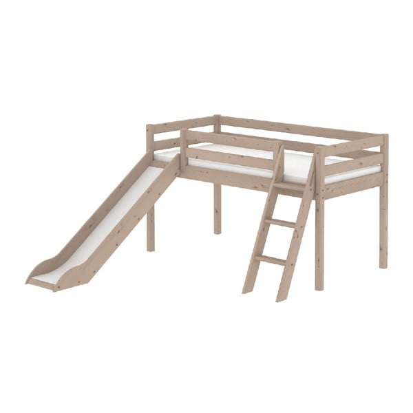 Hnědá středně vysoká dětská postel z borovicového dřeva se skluzavkou a žebříkem Flexa Classic, 90 x 200 cm
