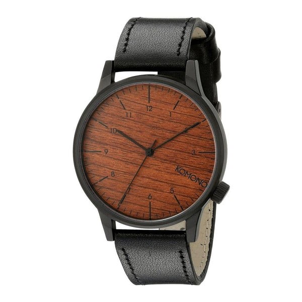 Pánské černé hodinky s koženým řemínkem a ciferníkem v dekoru dřeva Komono
