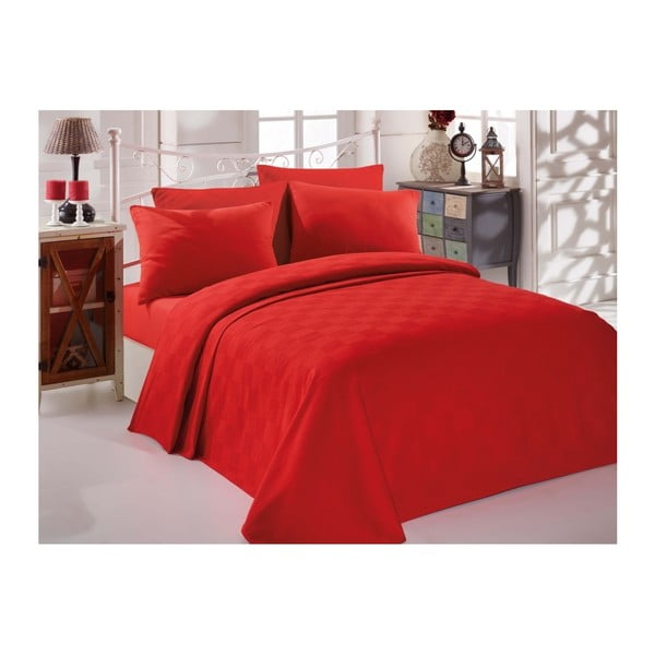 Červený bavlněný přehoz přes postel na jednolůžko Single Pique Rojo, 160 x 235 cm