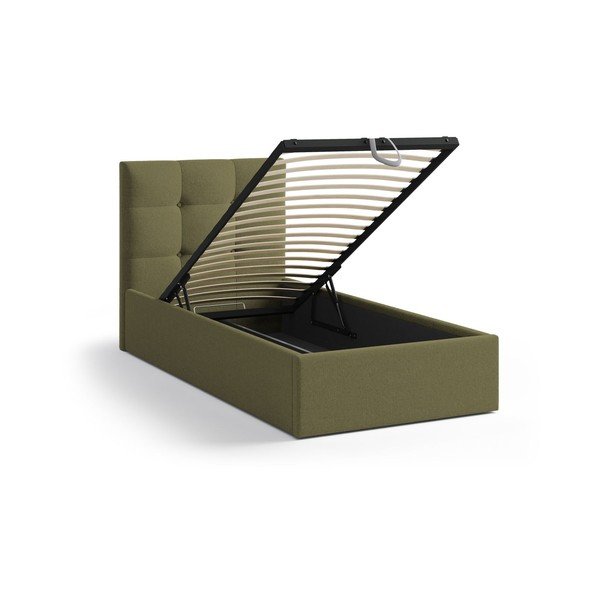 Roheline polsterdatud üheinimesevoodi koos panipaiga ja voodipõhjaga 90x200 cm Phaedra - Micadoni-image-1