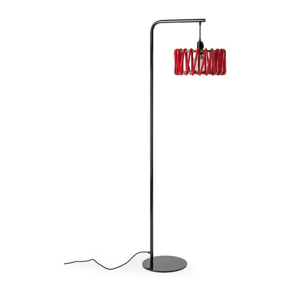 Stojací lampa s černou konstrukcí a malým červeným stínidlem EMKO Macaron
