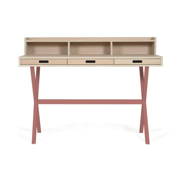 Pracovní stůl z dubového dřeva s růžovými kovovými nohami HARTÔ Hyppolite, 120 x 55 cm