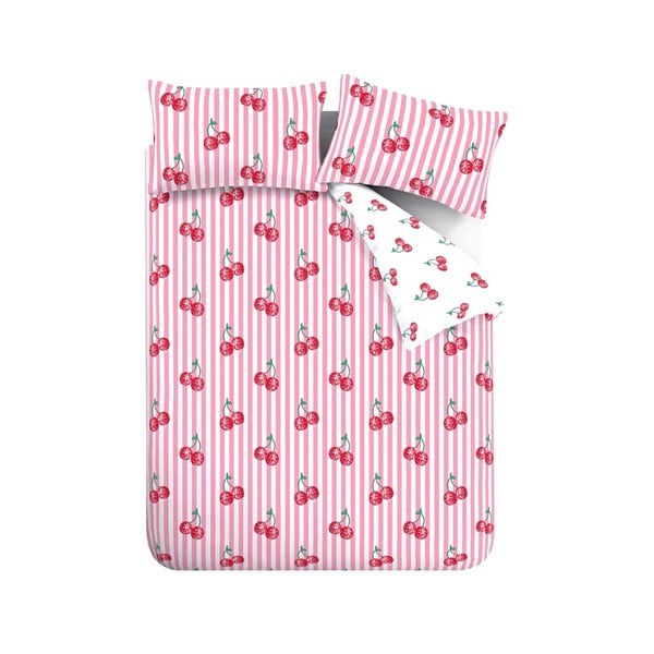 Valge/roosa voodipesu kaheinimesevoodile 200x200 cm Disco Cherries Stripes - Catherine Lansfield