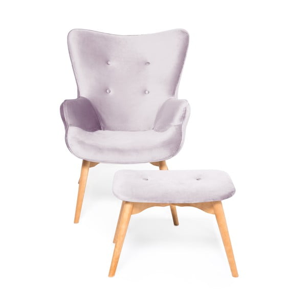 Levandulově fialové křeslo a podnožka s podnoží v přírodní barvě Vivonita Cora Velvet-image-2