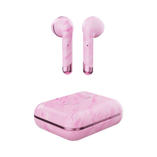 Růžová bezdrátová sluchátka s krabičkou Happy Plugs Air 1 Marble