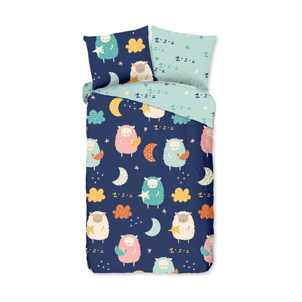 Sinine puuvillane laste pikendatud voodipesu üheinimesevoodile 140x220 cm Sheep - Good Morning