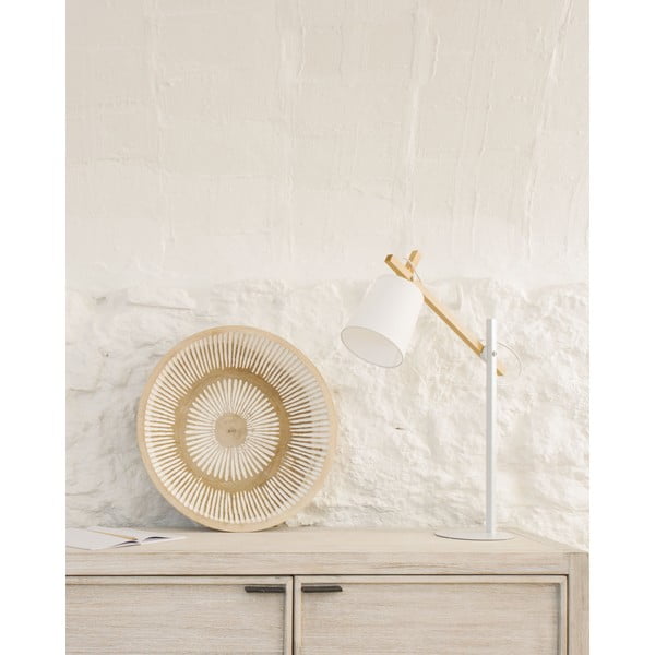 Valge akaatsia täispuidust lauavalgusti tekstiilist varjuga (kõrgus 65 cm) Kosta - Kave Home-image-1