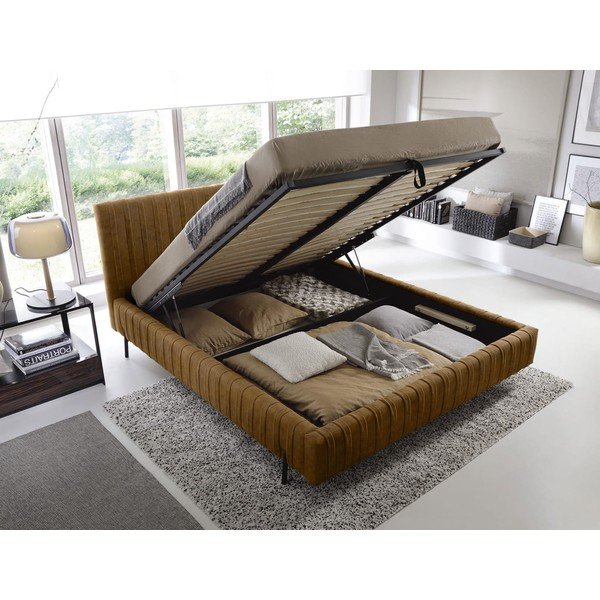 Ookerkollane polsterdatud kaheinimesevoodi koos panipaiga ja voodipõhjaga 180x200 cm Plissa - ELTAP-image-2