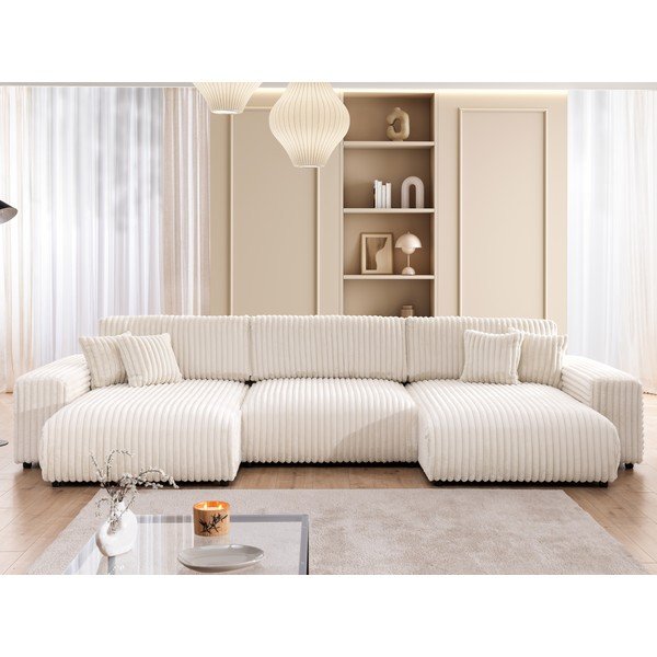 Kreem velvetist panipaigaga nurgadiivanvoodi (U-kujuline) Sarina - Ropez-image-1