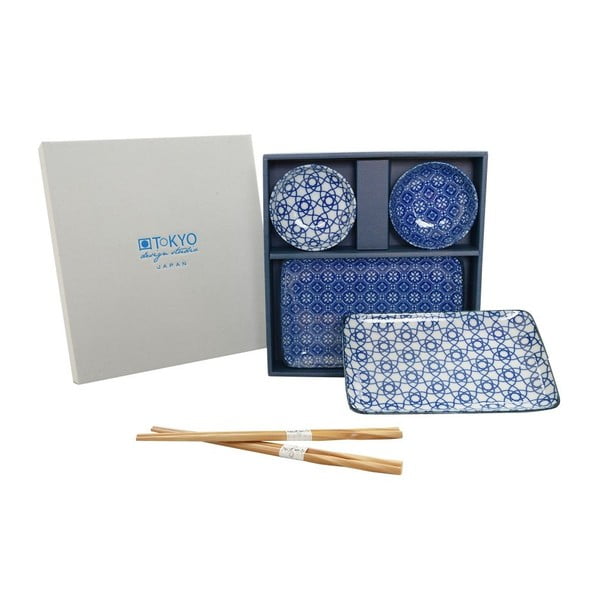 Set talířů a hůlek Nippon Blue Geometric, 6 ks