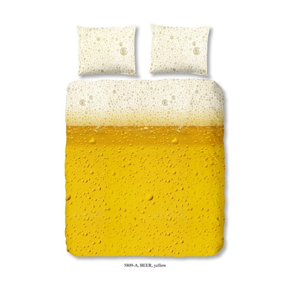 Žluté bavlněné povlečení na jednolůžko Good Morning Beer, 135 x 200 cm